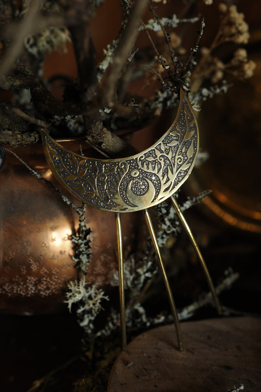 Peigne pique pour cheveux Lune gravée en laiton
