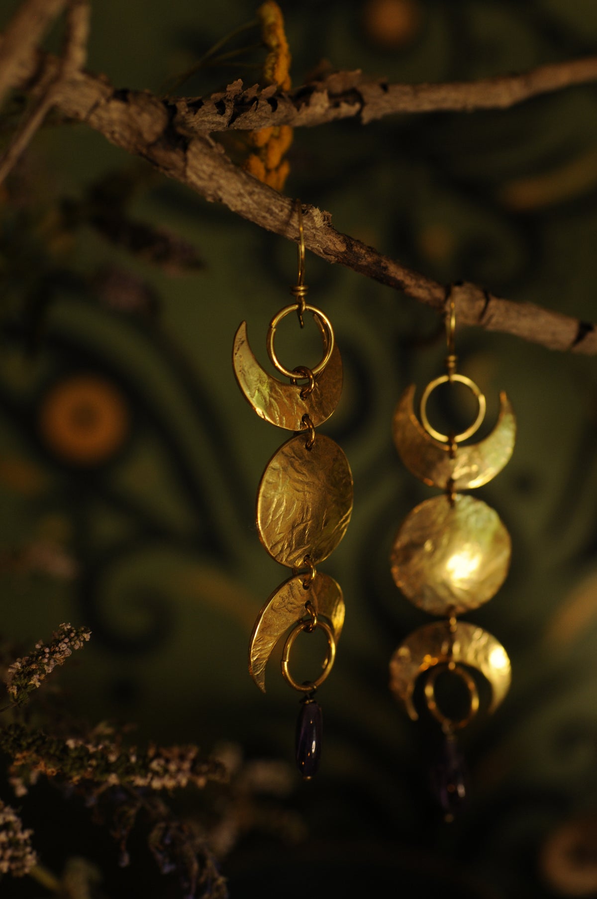 Boucles d'oreilles Triple lune en laiton et perle d'améthyste