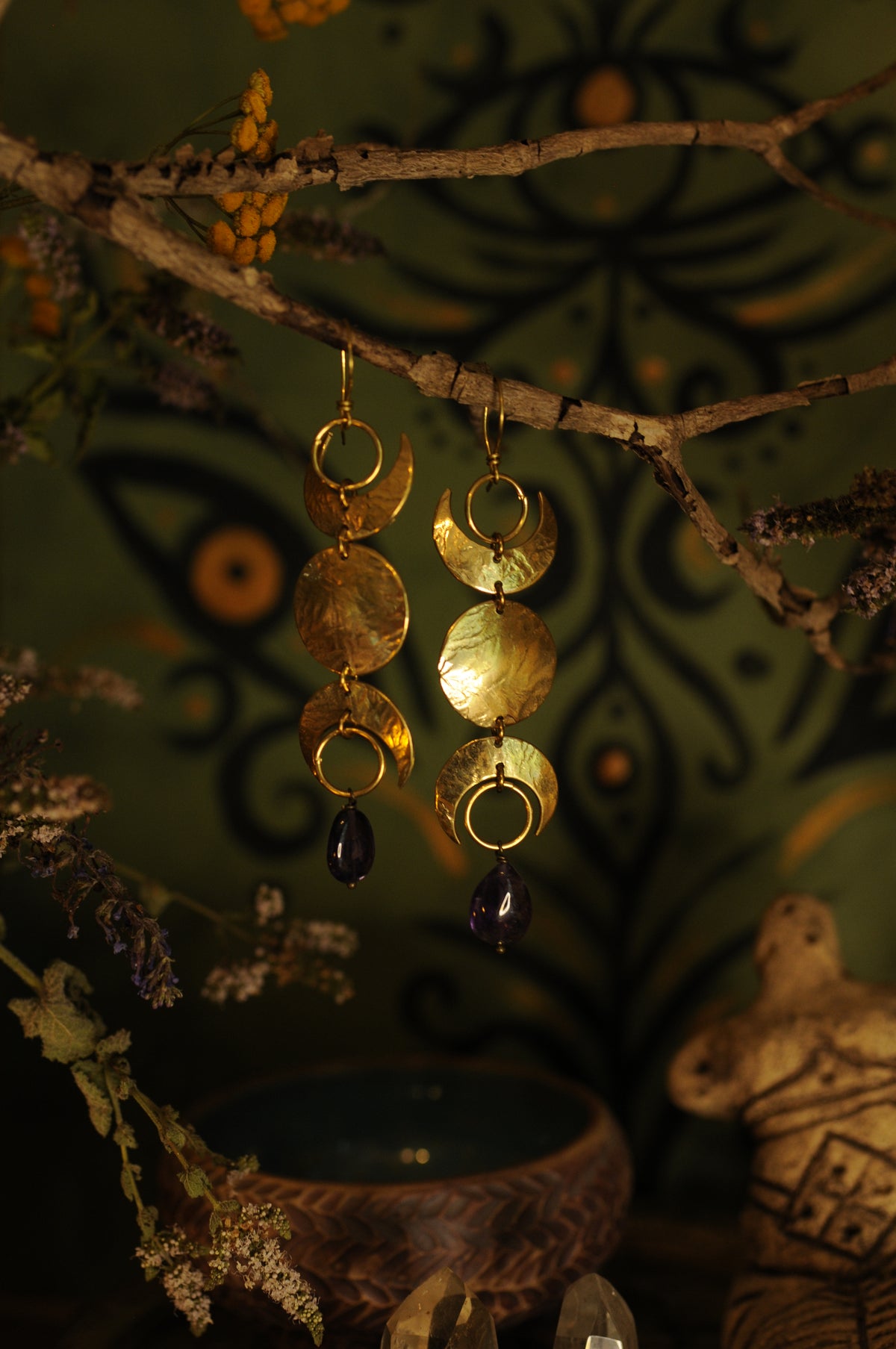 Boucles d'oreilles Triple lune en laiton et perle d'améthyste