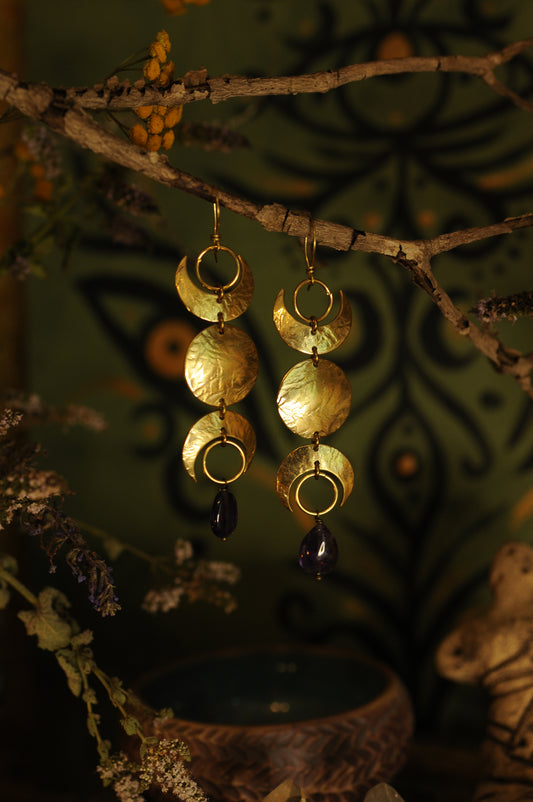 Boucles d'oreilles Triple lune en laiton et perle d'améthyste
