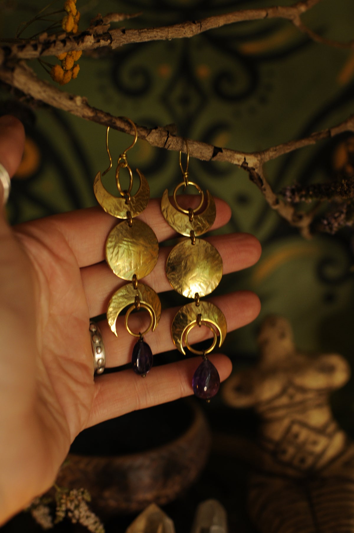 Boucles d'oreilles Triple lune en laiton et perle d'améthyste