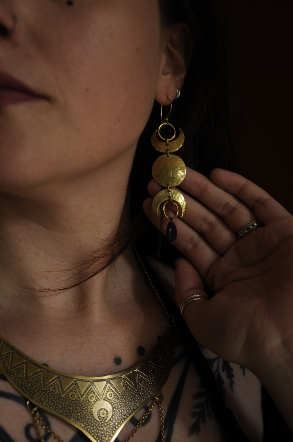 Boucles d'oreilles Triple lune en laiton et perle d'améthyste