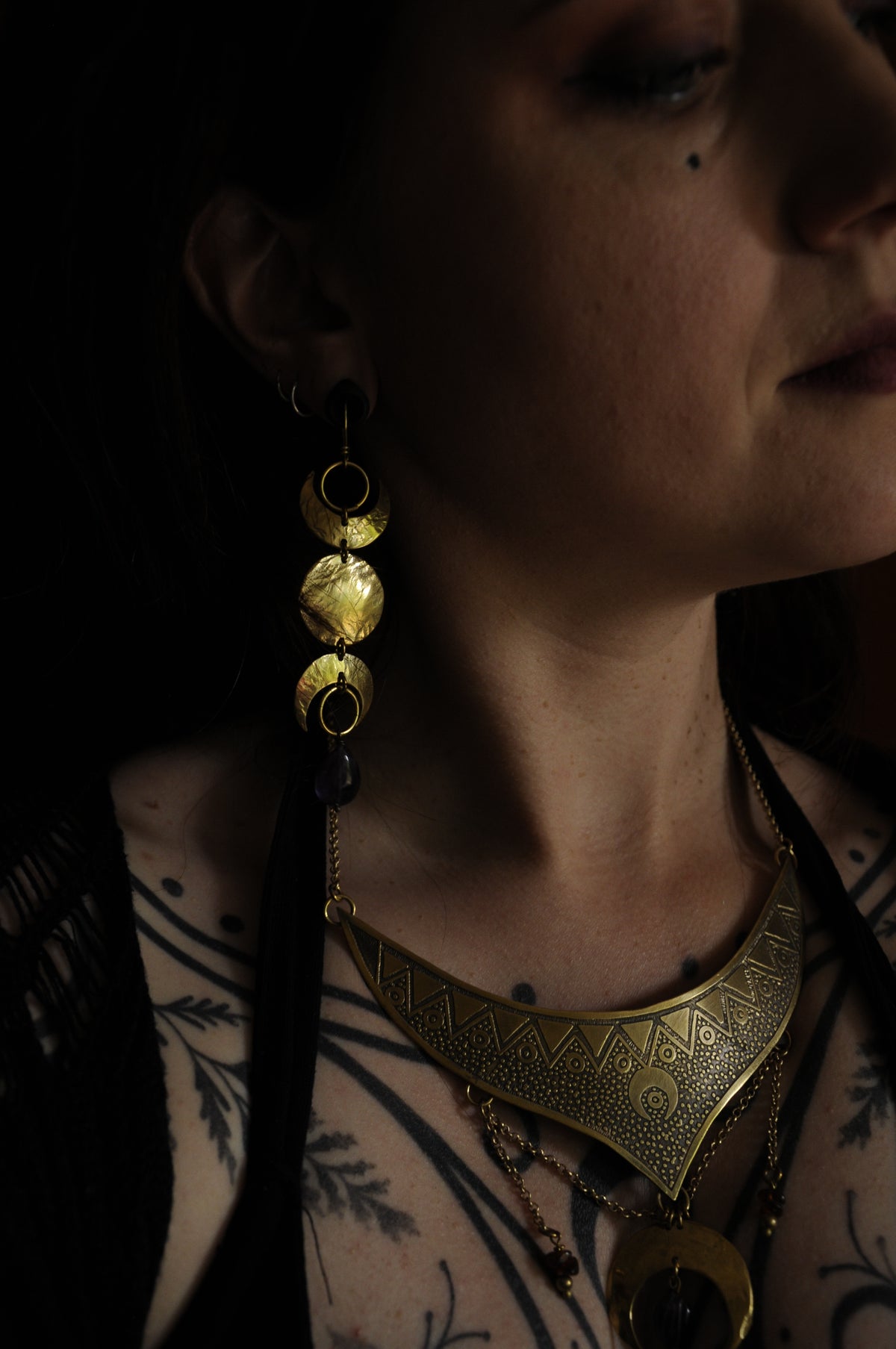 Boucles d'oreilles Triple lune en laiton et perle d'améthyste